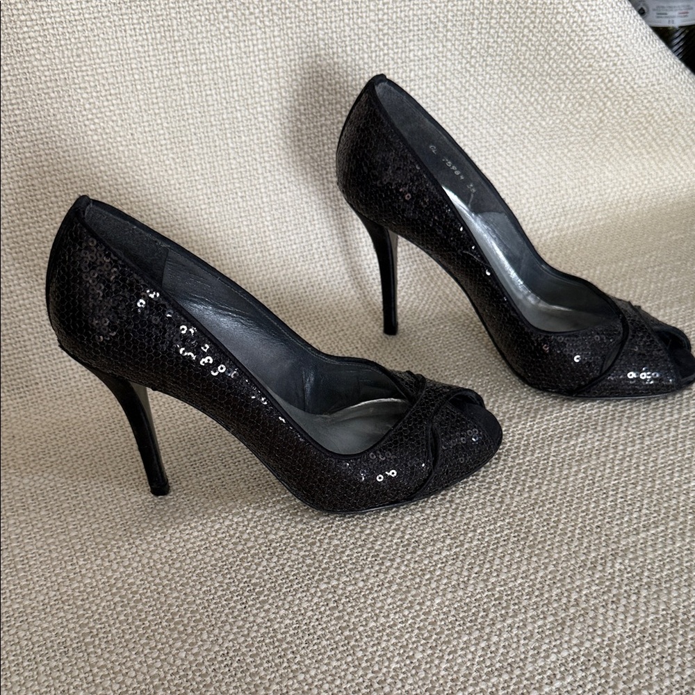 Stuart Weitzman Black Sequin Peep-Toe Heels